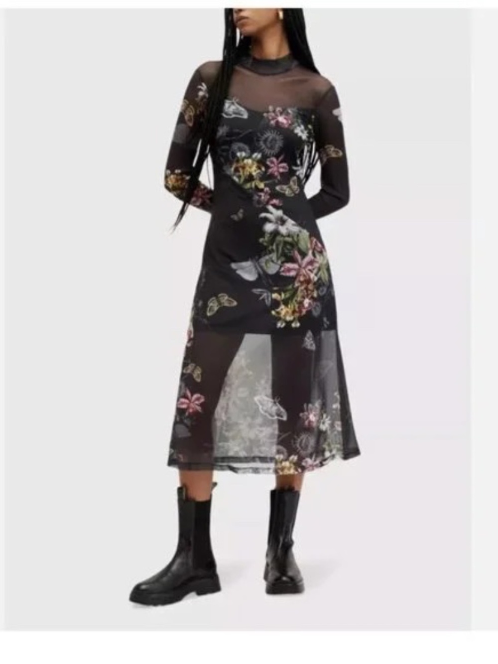 NWT ALL SAINTS HANNA FLORAL MESH MIDI DRESS, SZ 0